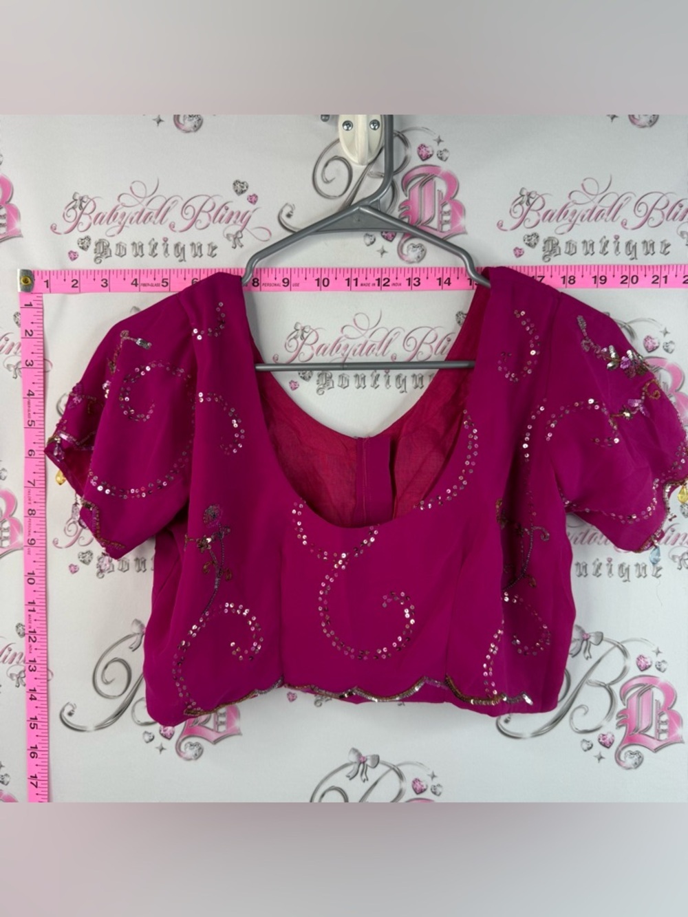 Crop top embroidered sparkles cropped shirt Sequined Magenta Sparkly Designs